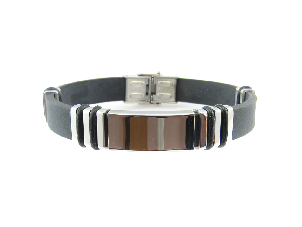 Pulsera Caucho negro con placa de Acero inoxidable brillo