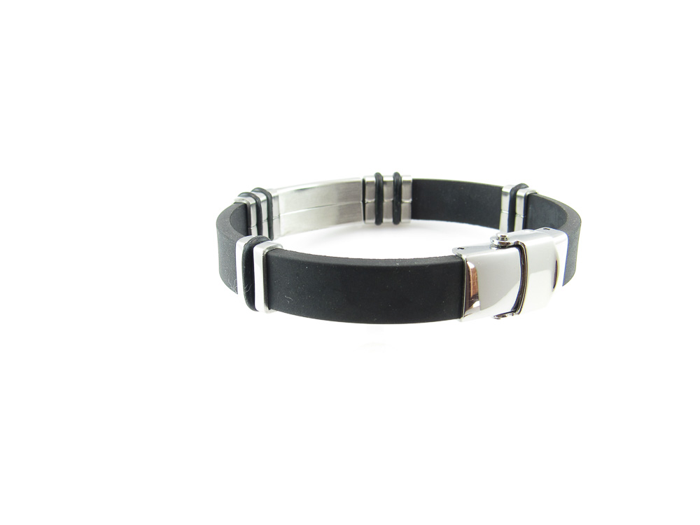 Pulsera Caucho negro con placa de Acero inoxidable brillo 2