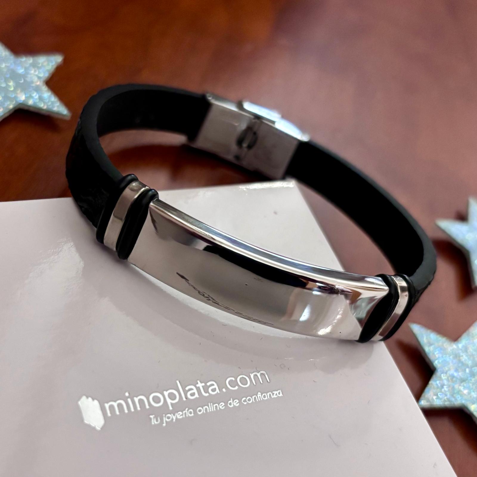 Pulsera cuero negro grabado y Acero inoxidable