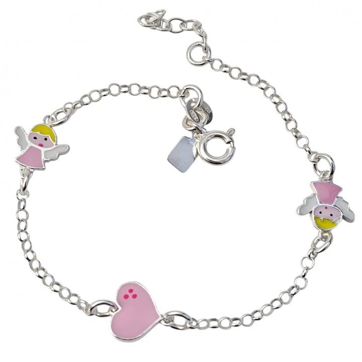 Pulsera infantil corazón y angelitos rosas en Plata de ley 925