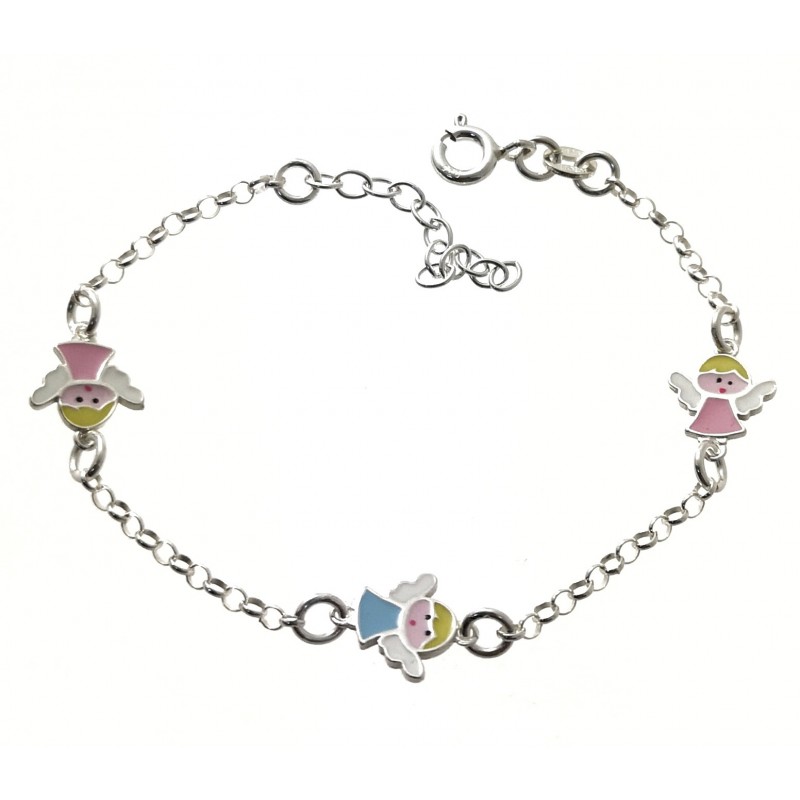 Pulsera para niñas en Plata de ley con angelitos rosa y azul