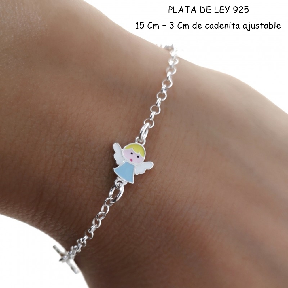 Pulsera para niñas en Plata de ley con angelitos rosa y azul 1