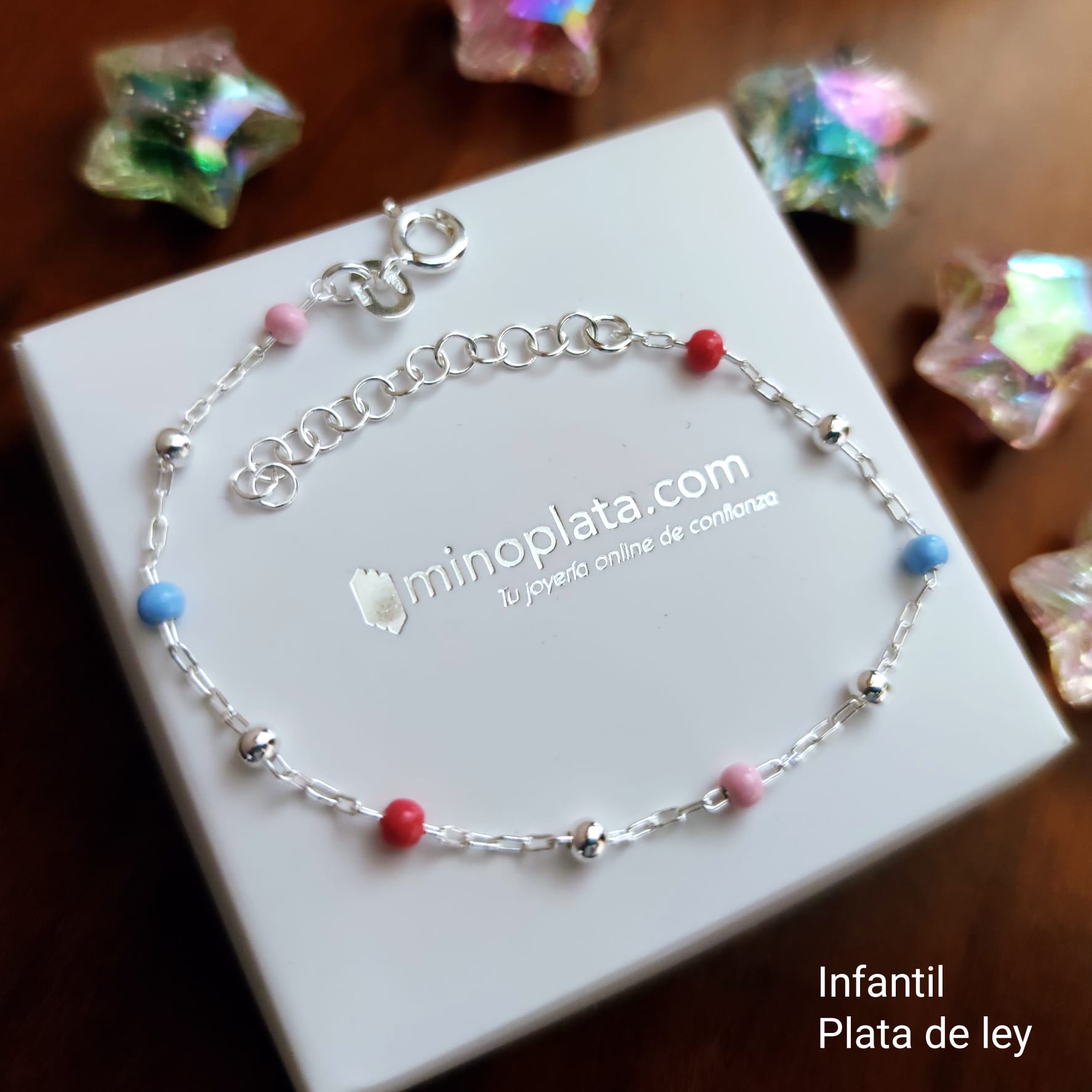 Pulsera infantil bolitas de colores en Plata de ley