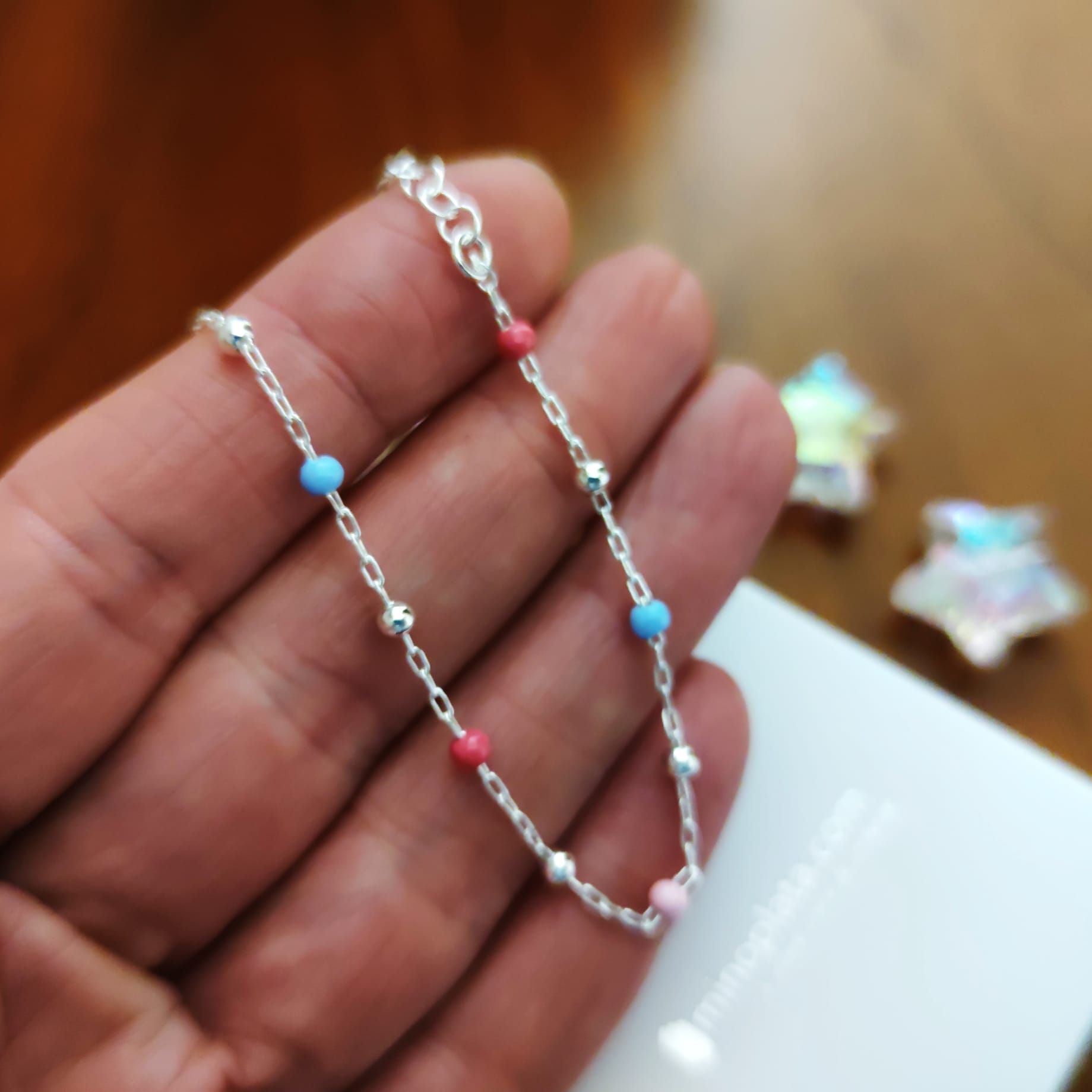 Pulsera infantil bolitas de colores en Plata de ley 2