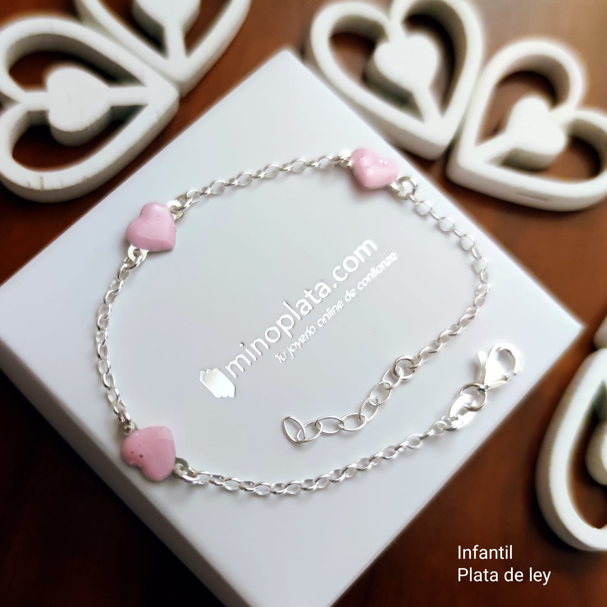 Pulsera para niña corazones esmalte rosa en Plata de ley