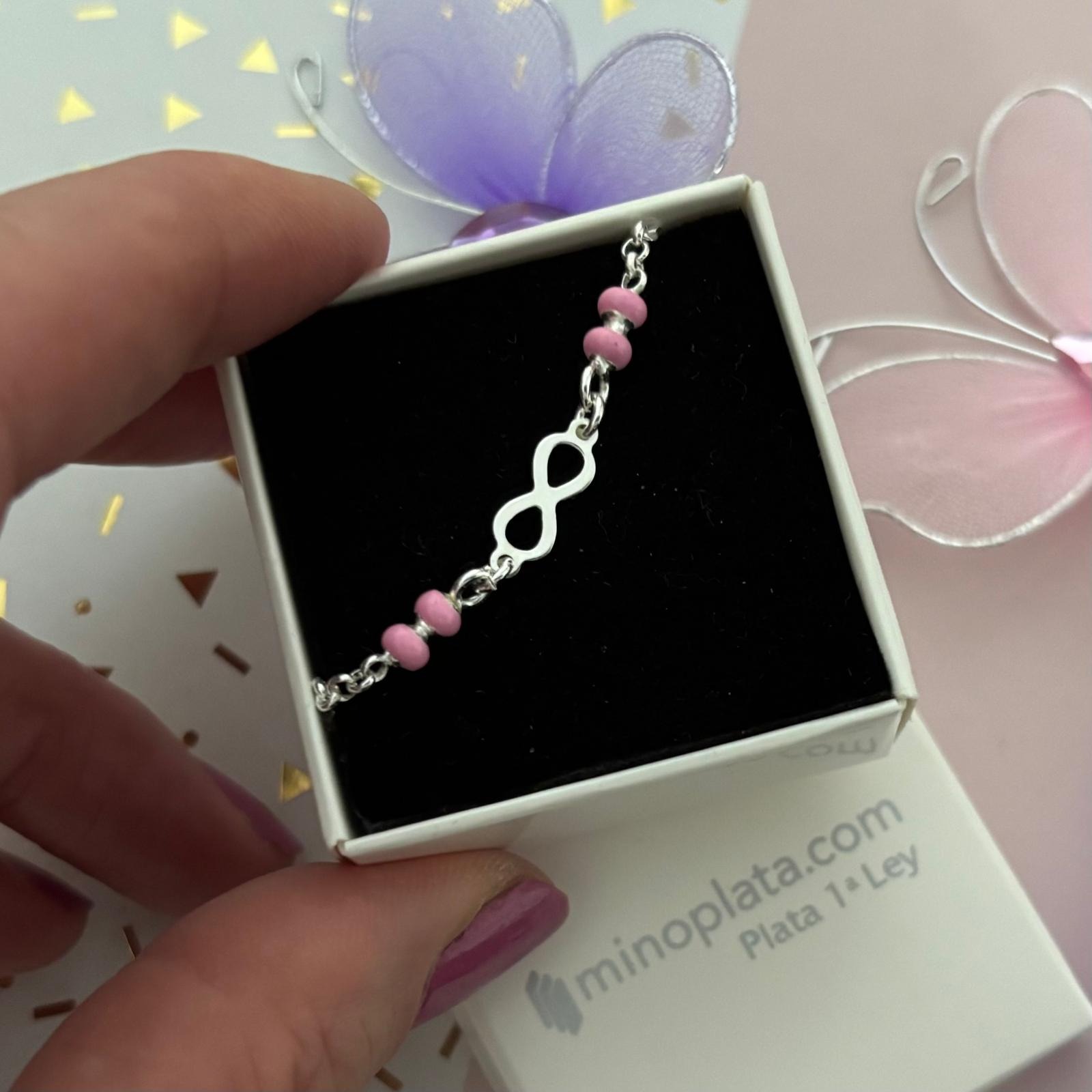 Pulsera infantil infinito y bolitas rosas de Plata de ley 925 1