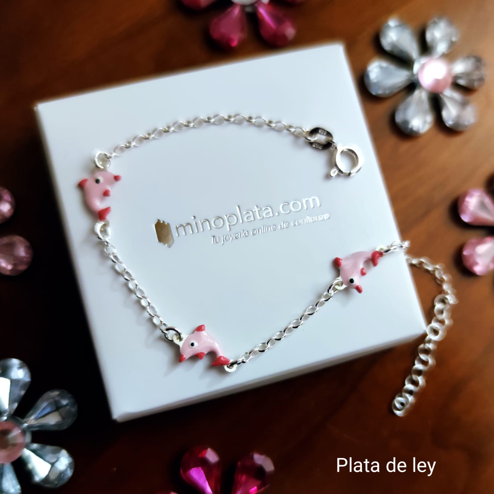 Pulsera infantil de Plata de ley con delfines rosas
