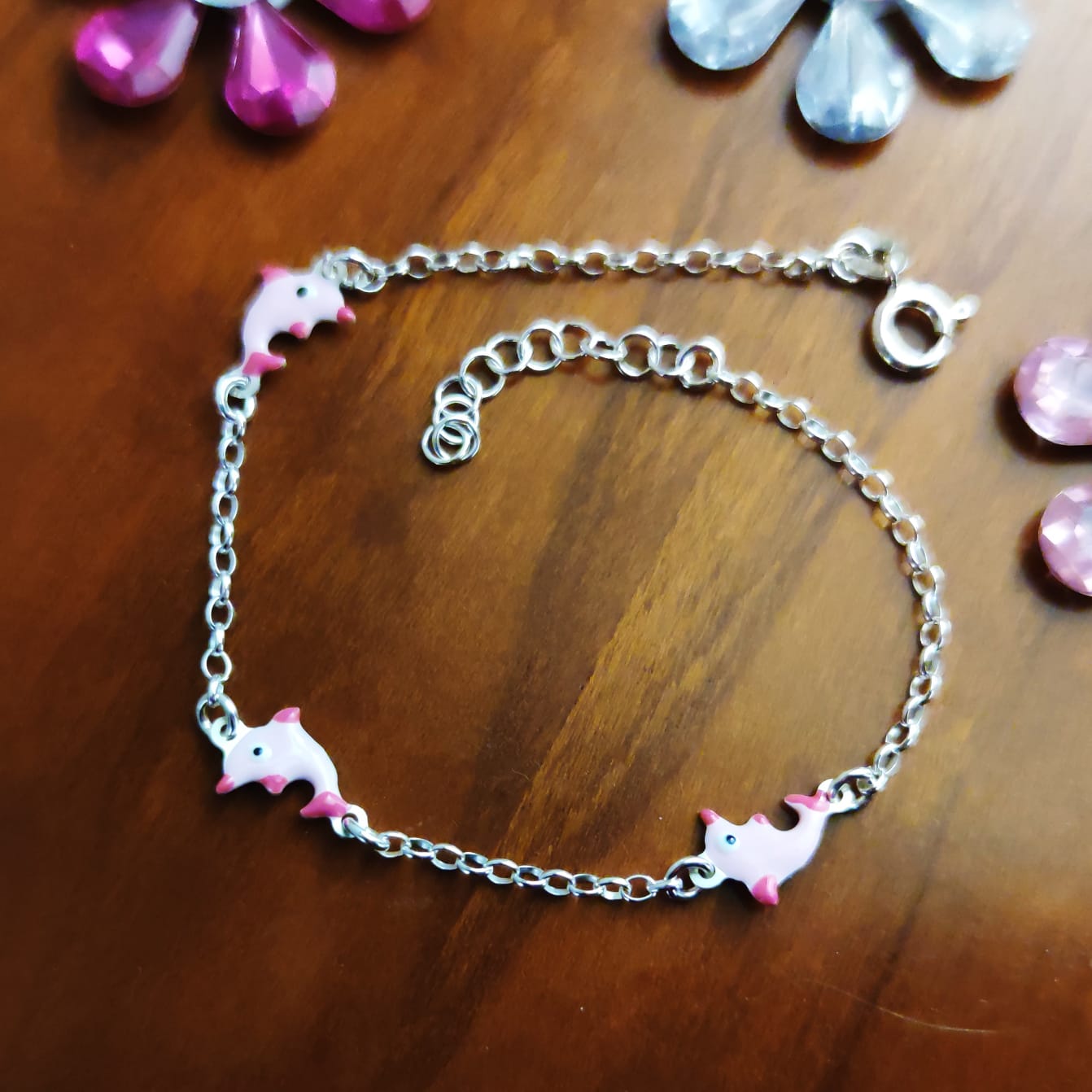 Pulsera infantil de Plata de ley con delfines rosas 1