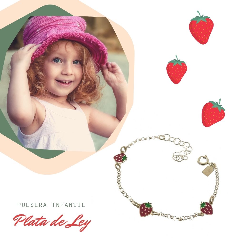Pulsera para niña fresas de Plata de ley 2