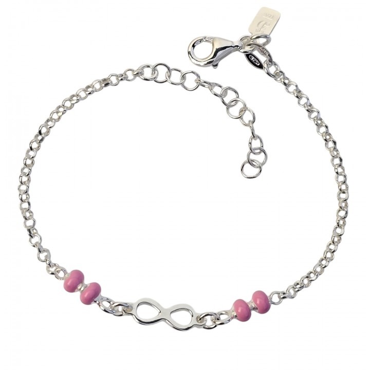 Pulsera infantil infinito y bolitas rosas de Plata de ley 925