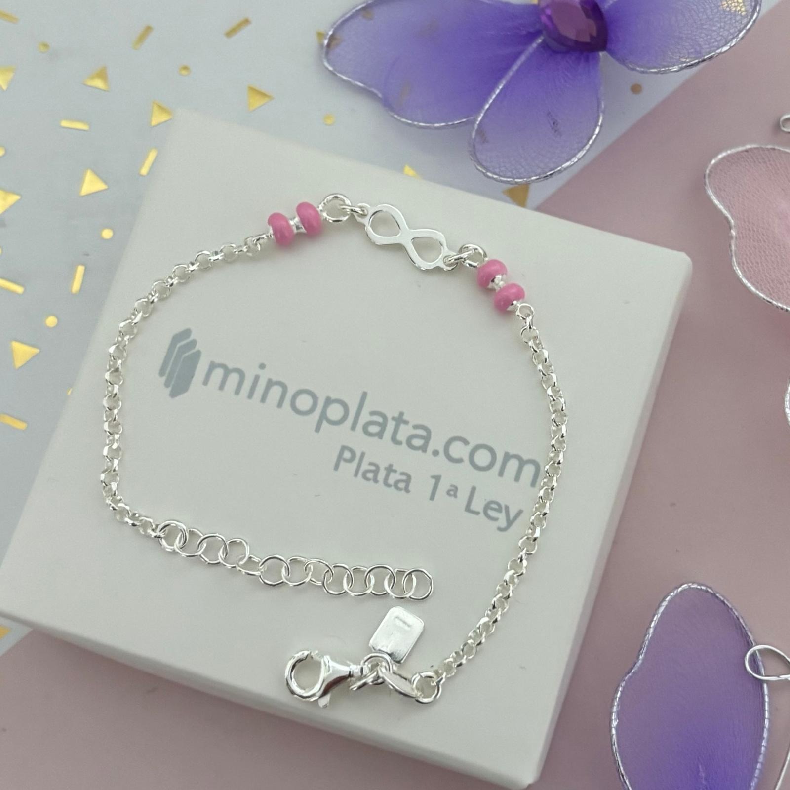 Pulsera infantil infinito y bolitas rosas de Plata de ley 925 3