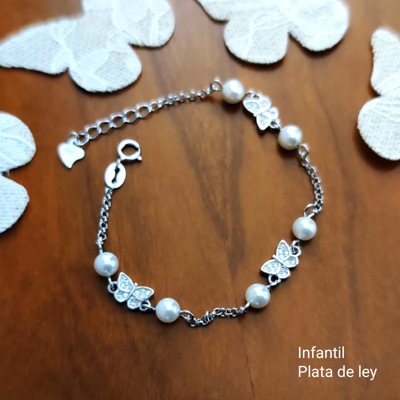 Pulsera niña mariposas de Plata rodiada con Perlas y Circonitas