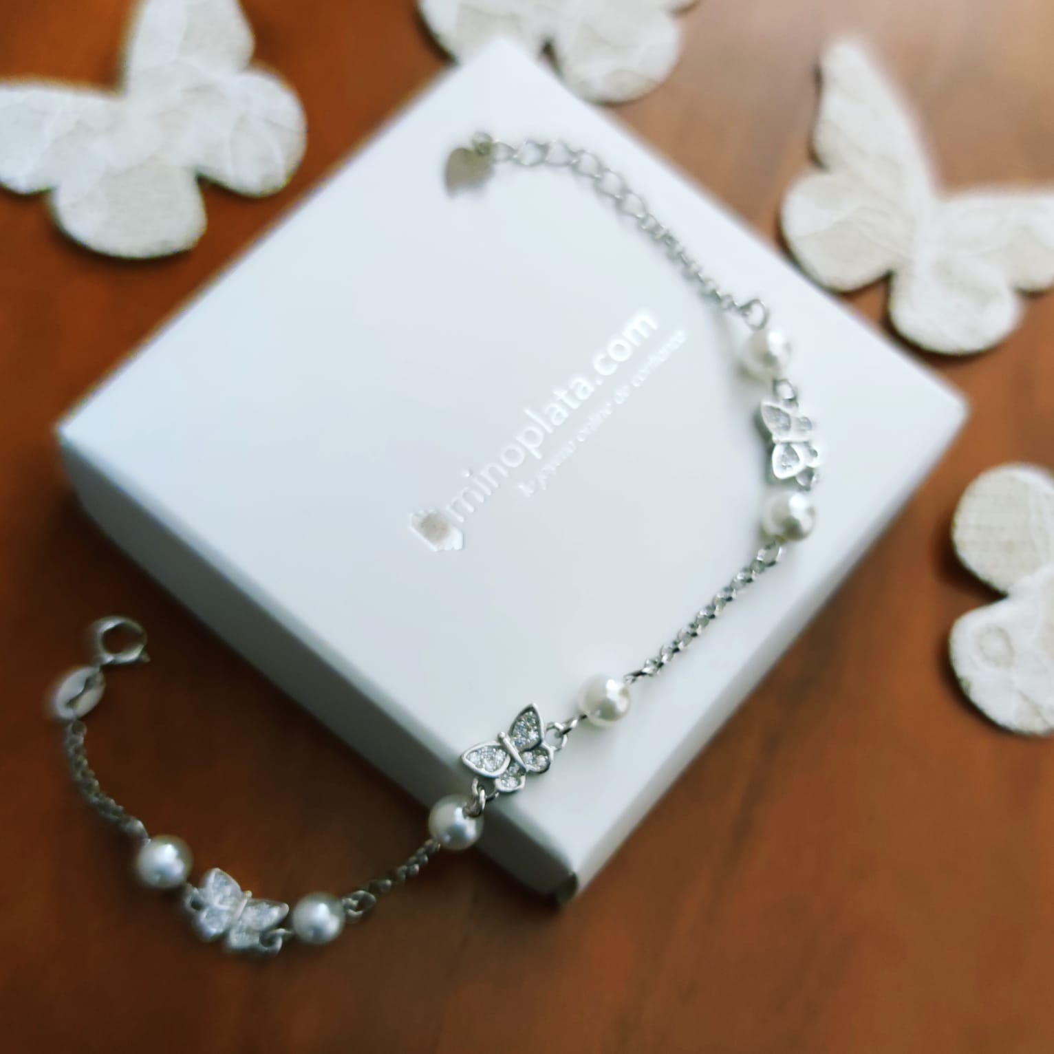 Pulsera niña mariposas de Plata rodiada con Perlas y Circonitas 1