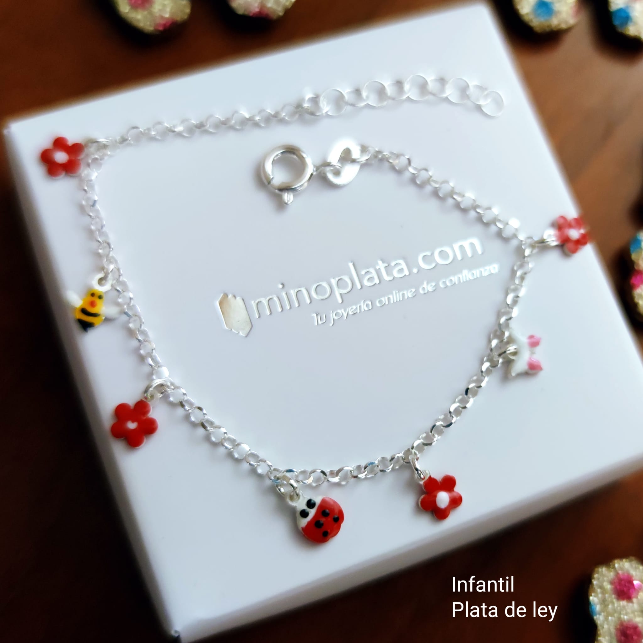 Pulsera para niñas mariquitas y flores colgantes de Plata de ley