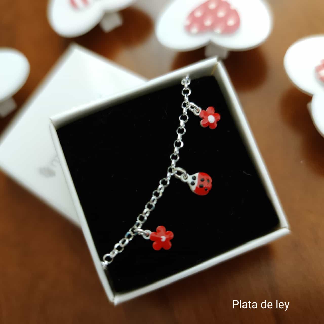 Pulsera para niñas mariquitas y flores colgantes de Plata de ley 2