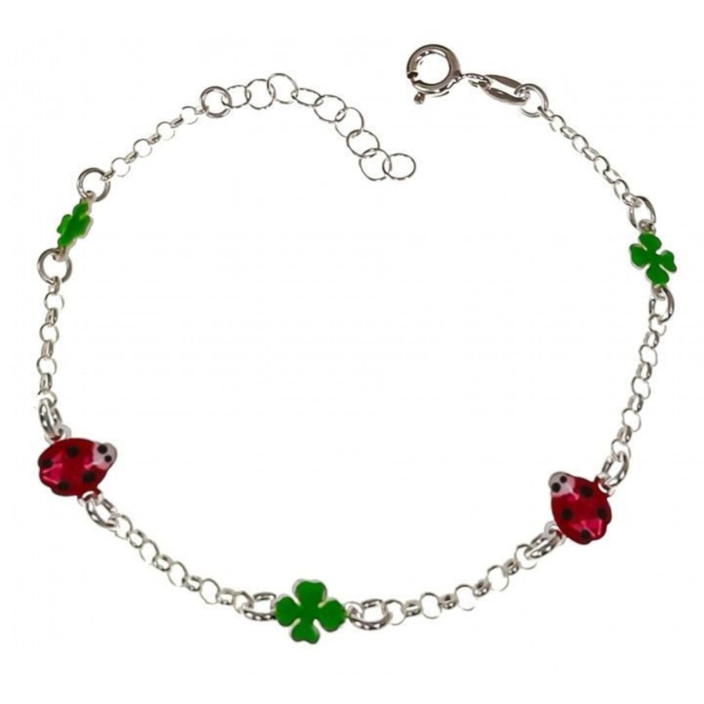 Pulsera infantil de Plata de ley con Mariquitas y Tréboles