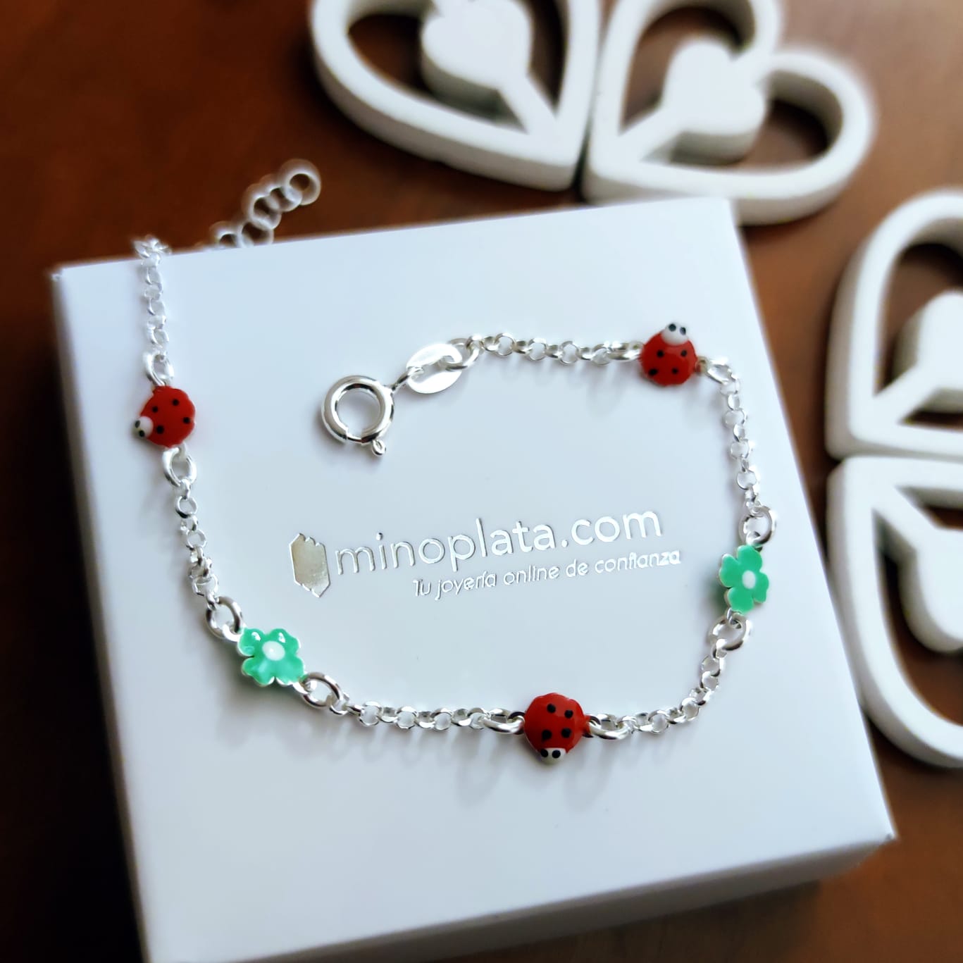 Pulsera infantil de Plata de ley con Mariquitas y Tréboles 1