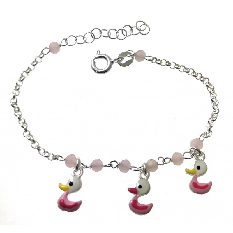 Pulsera infantil de Plata de ley con piedras y patitos colgantes