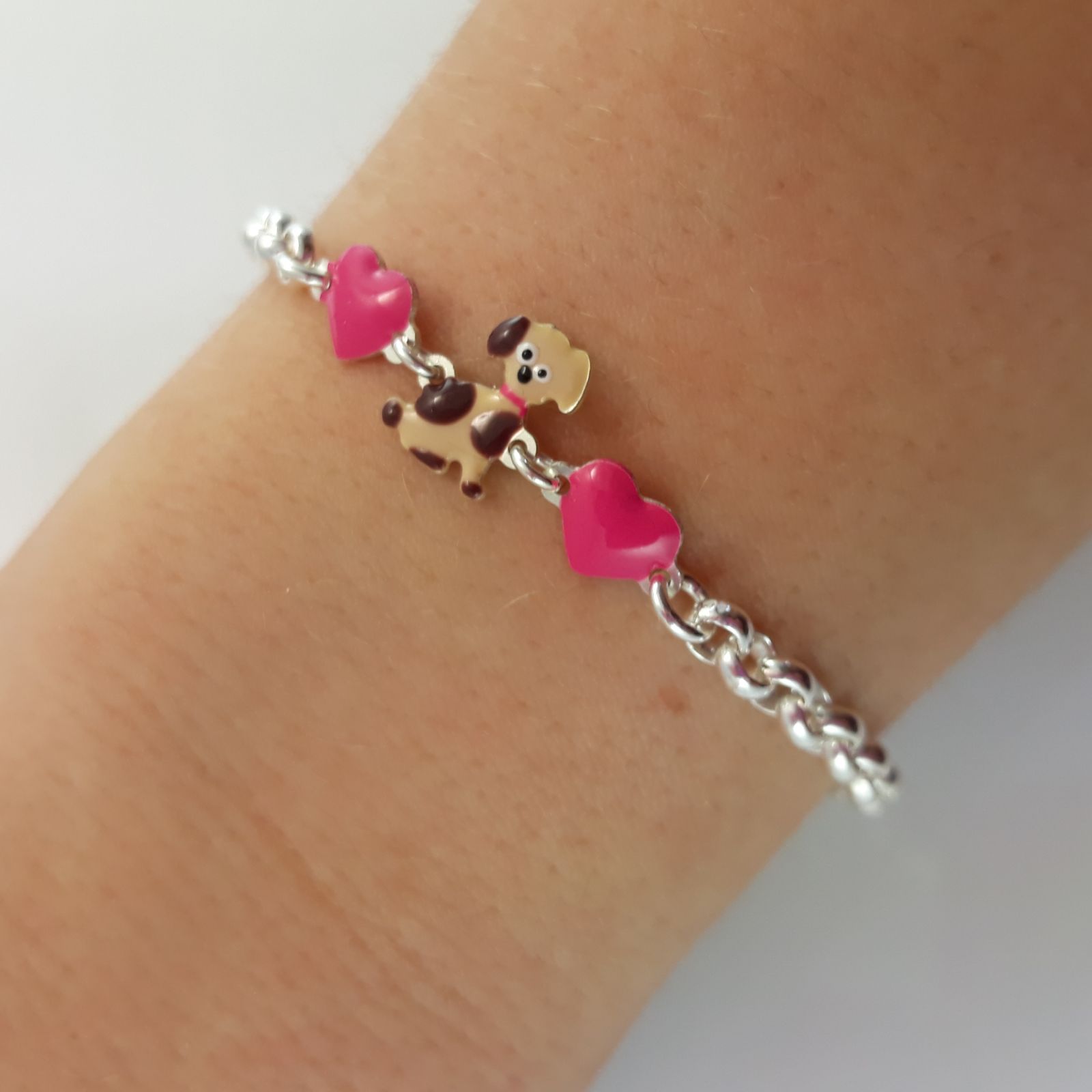 Pulsera infantil en Plata con corazones y perrito 1