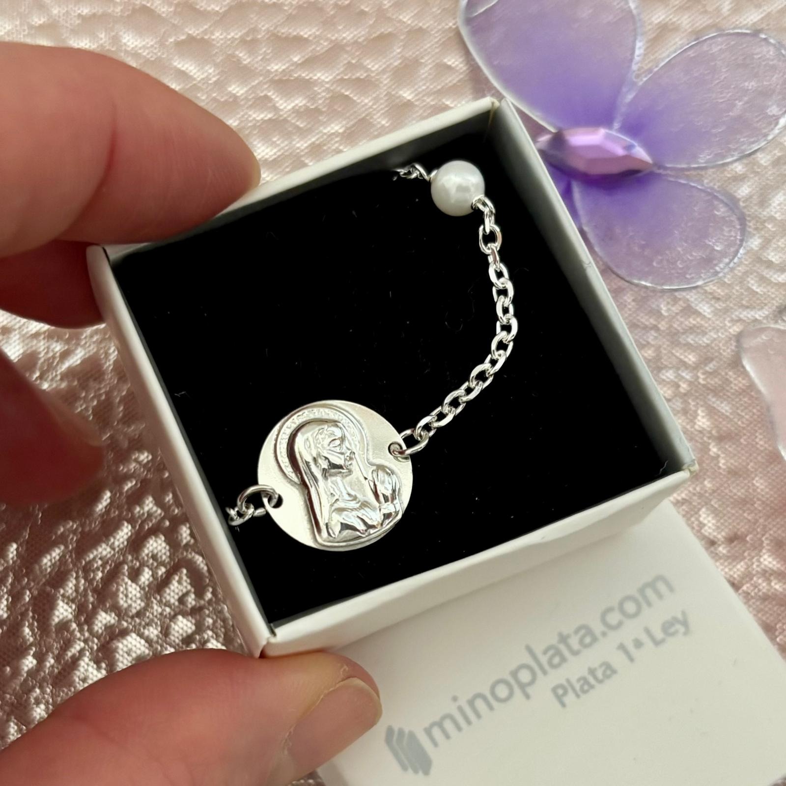 Pulsera Primera Comunión Virgen Niña de Plata de ley con Perlas 1