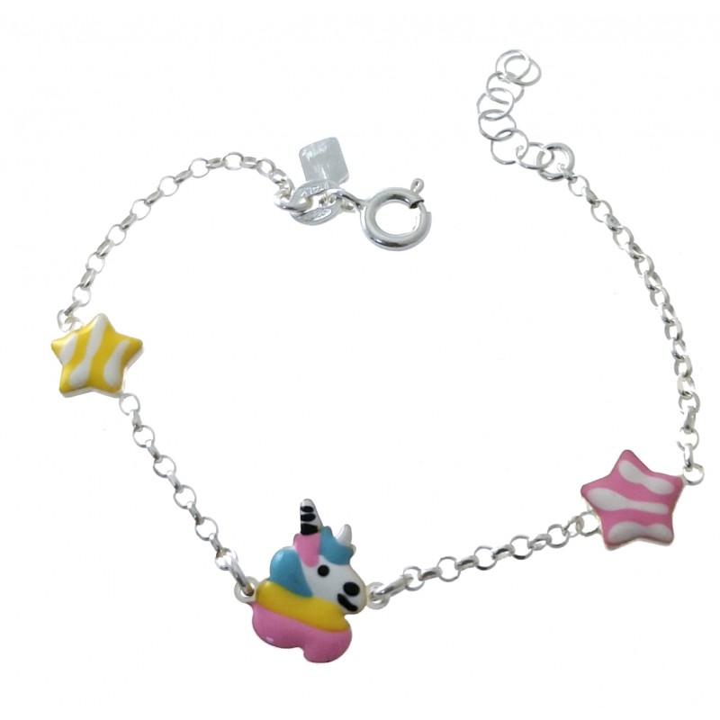 Pulsera infantil unicornio y estrellas de Plata de ley