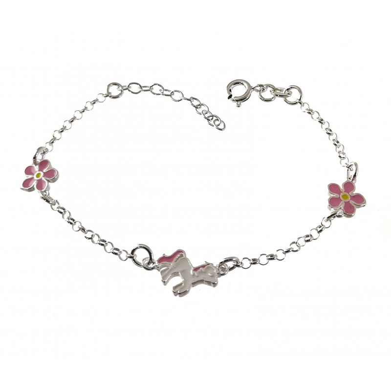 Pulsera infantil unicornio y flores de Plata de ley