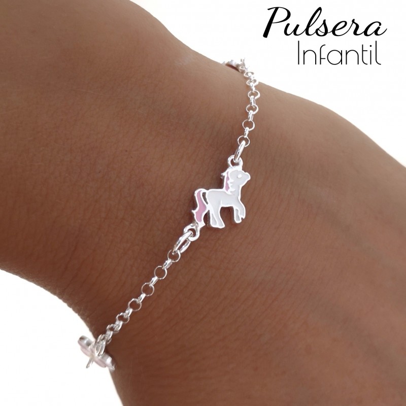 Pulsera infantil unicornio y flores de Plata de ley 1