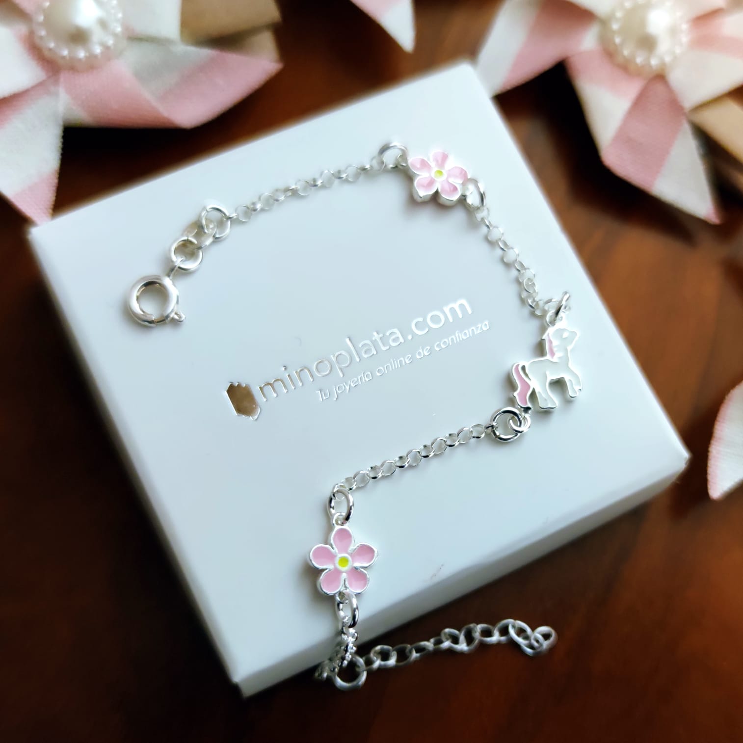 Pulsera infantil unicornio y flores de Plata de ley 3