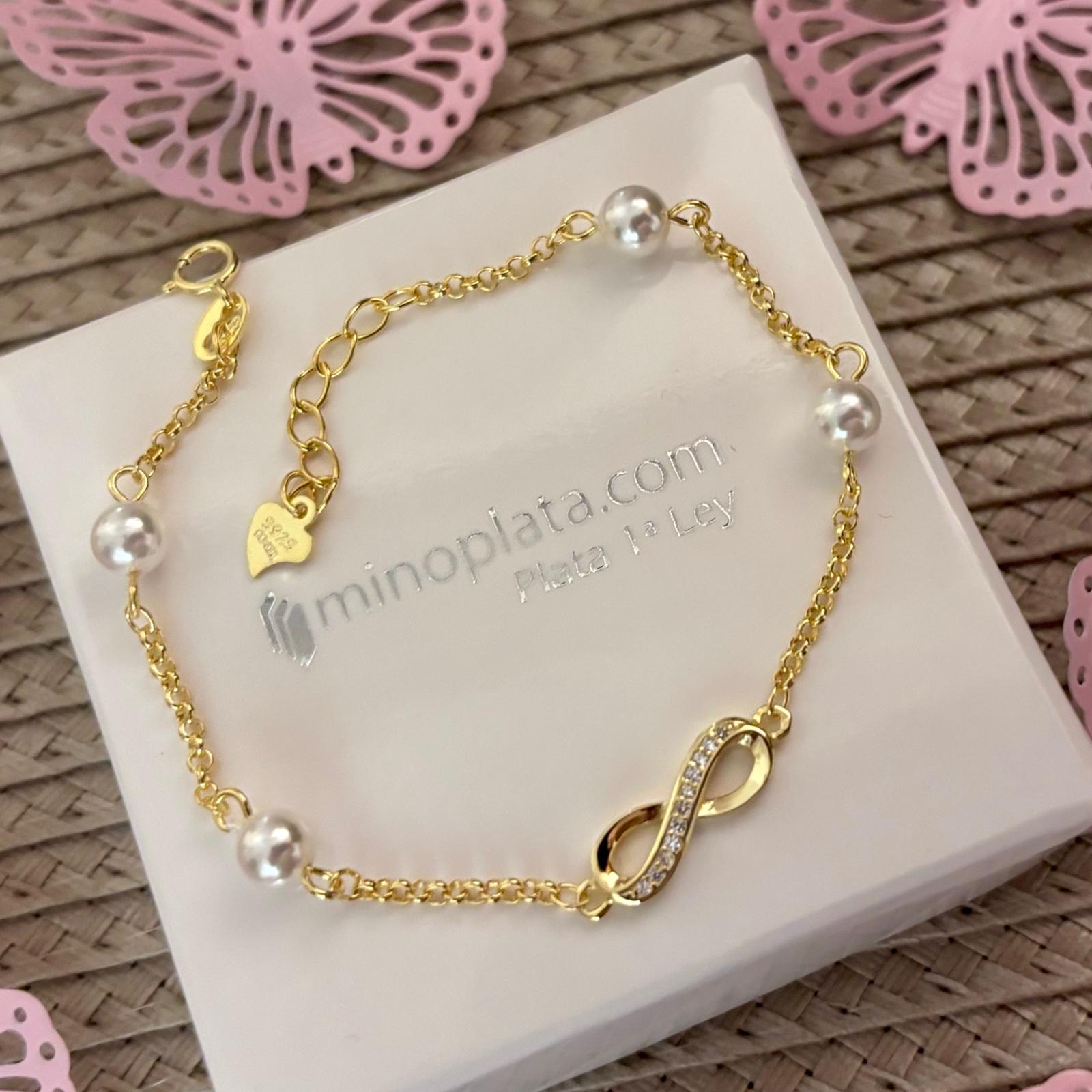 Pulsera infinito de Plata de ley chadapa en Oro con Perlas cultivadas para niña 1