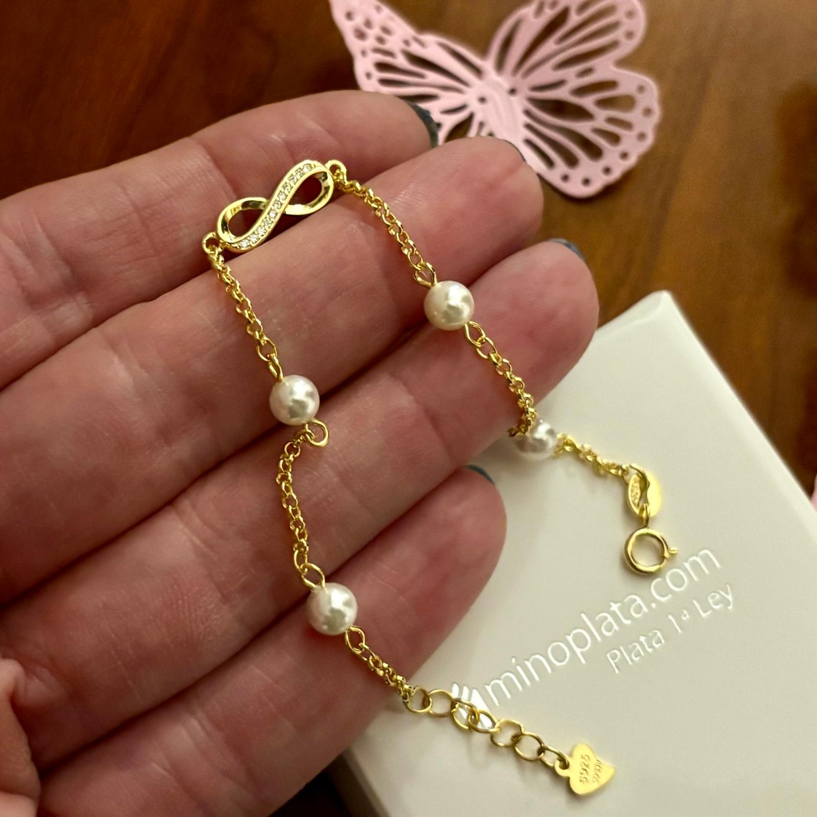 Pulsera infinito de Plata de ley chadapa en Oro con Perlas cultivadas para niña 2