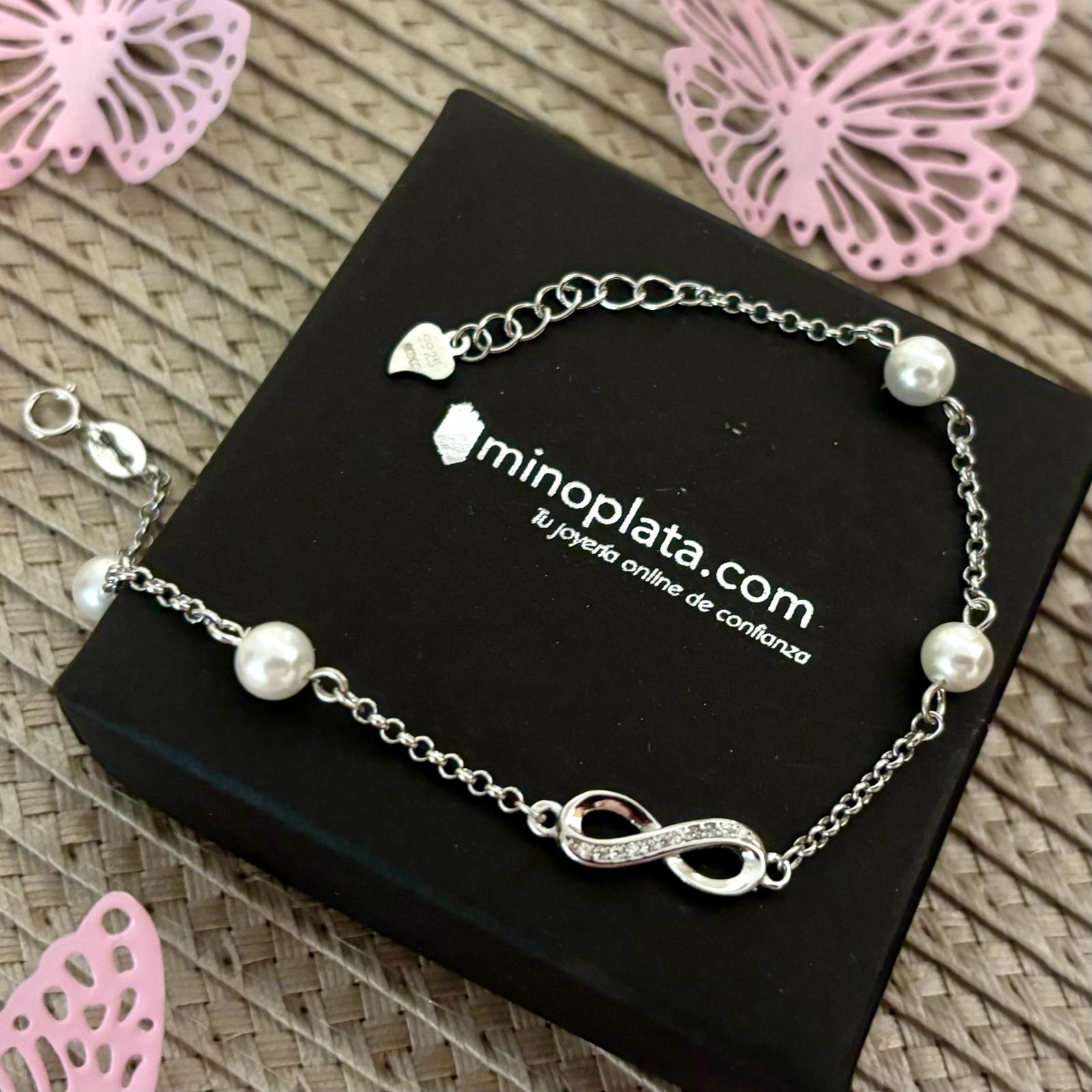 Pulsera infantil infinito de Plata rodiada con Perlas cultivadas y Circonitas