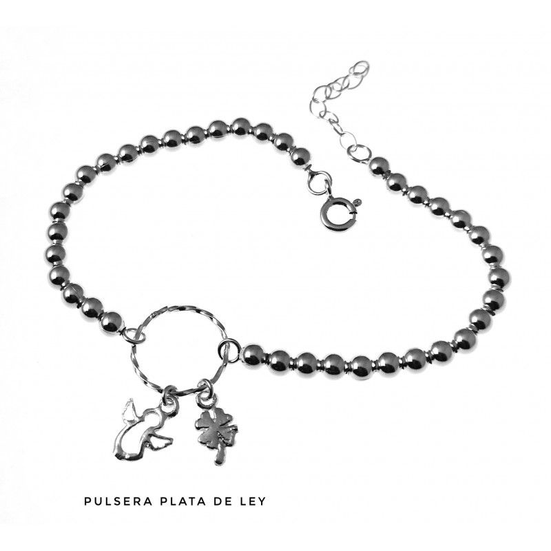 Pulsera bolas Karma con angelito y trébol de Plata de ley