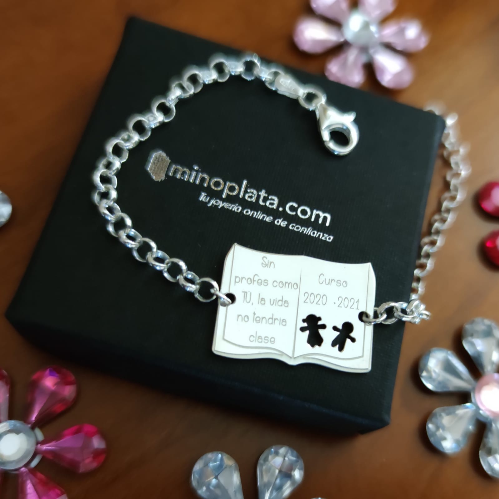 Pulsera personalizada libro de Plata de ley para maestras 1