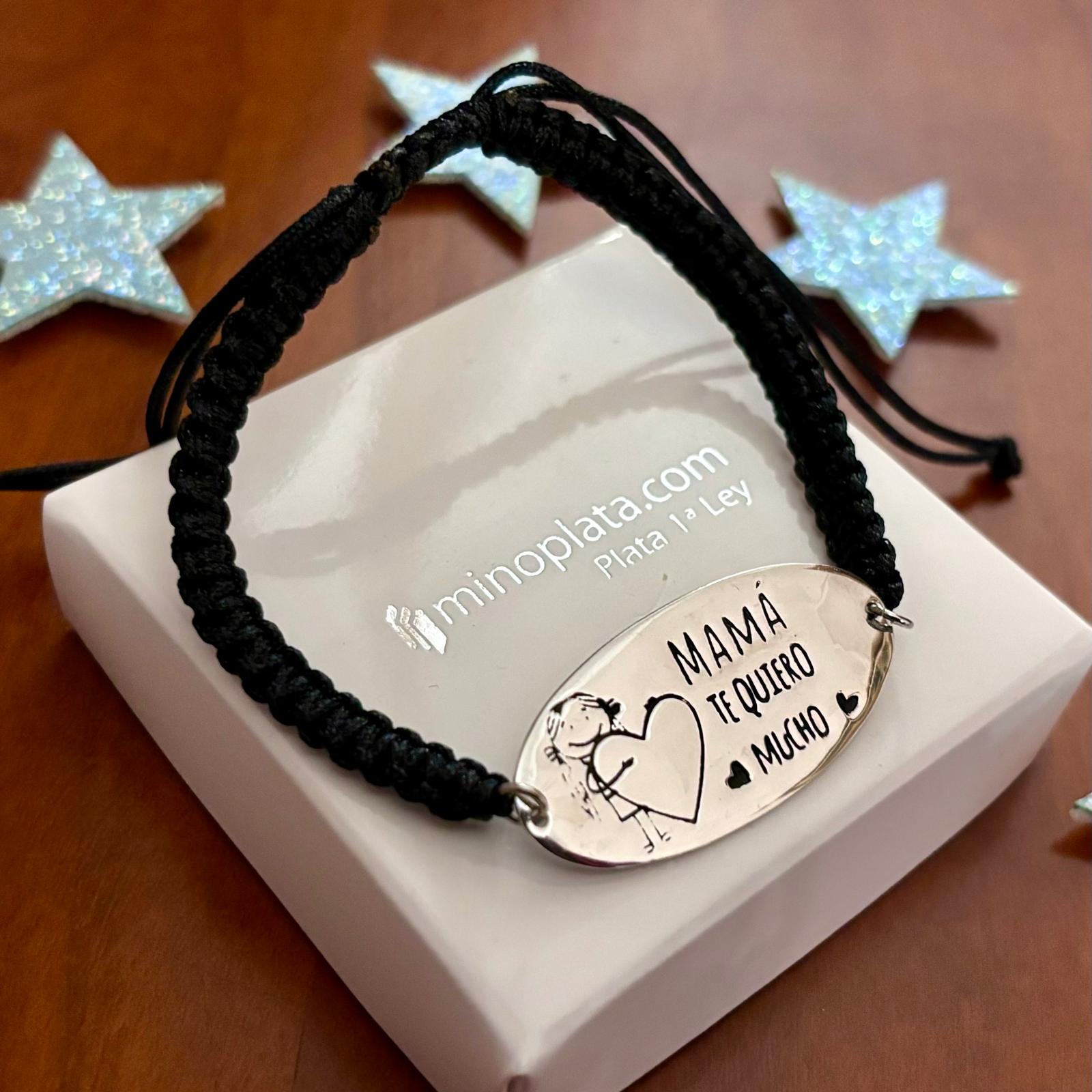 Pulsera macramé negro y placa de Plata de ley Mamá te quiero mucho