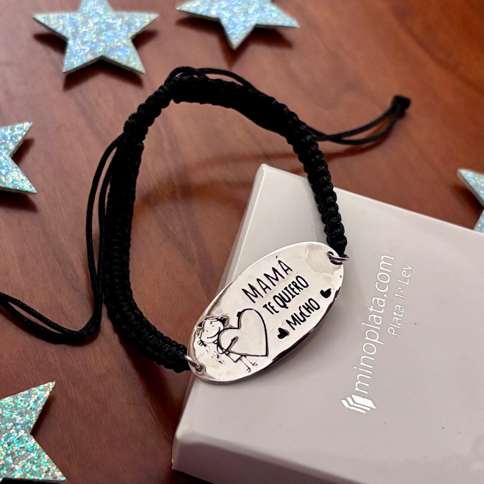Pulsera macramé negro y placa de Plata de ley Mamá te quiero mucho 3