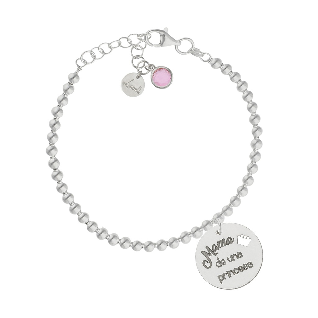Pulsera bolas 4mm  Mamá de una Princesa de Plata de ley 925
