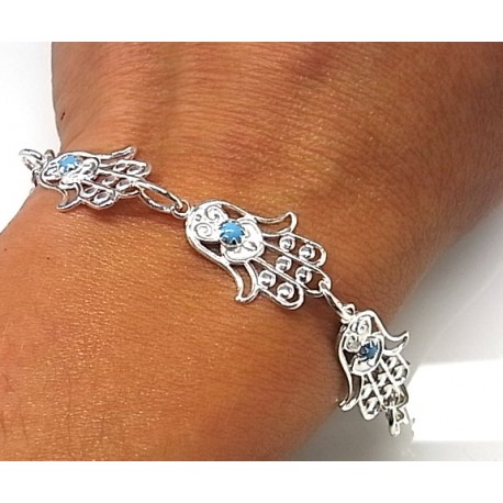 Pulsera amuleto Mano de Fátima de Plata del ey 925 y piedra color turquesa