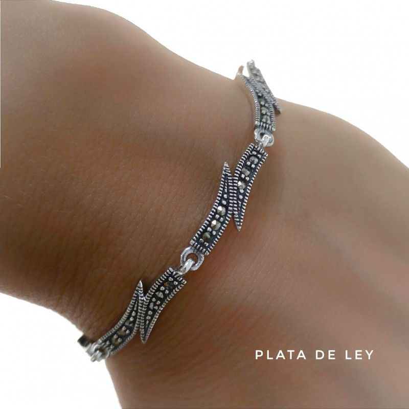 Pulsera estilo vintage de Plata de ley envejecida y Marcasitas_1