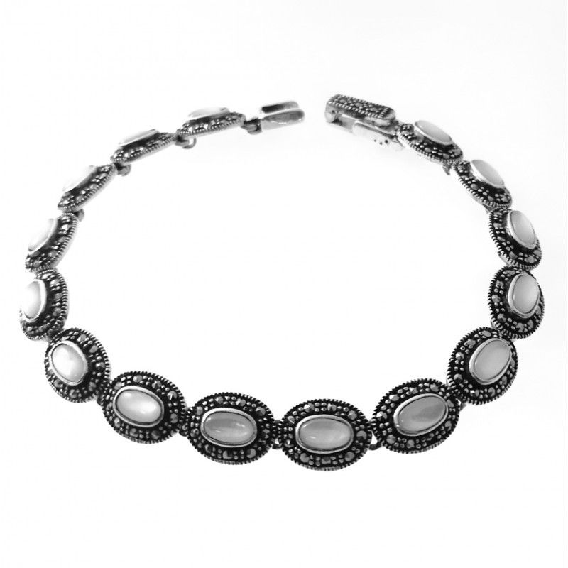 Pulsera Marcasitas y Nácar en Plata de ley envejecida