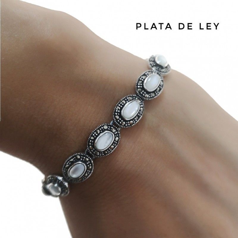 Pulsera Marcasitas y Nácar en Plata de ley envejecida 1