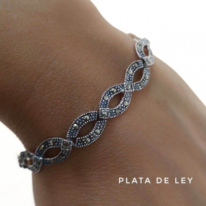 Pulsera tipo antigua de Plata vieja con piedras Marcasitas mujer_1
