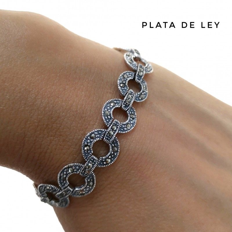 Pulsera círculos de Plata de ley envejecida con Marcasitas 1
