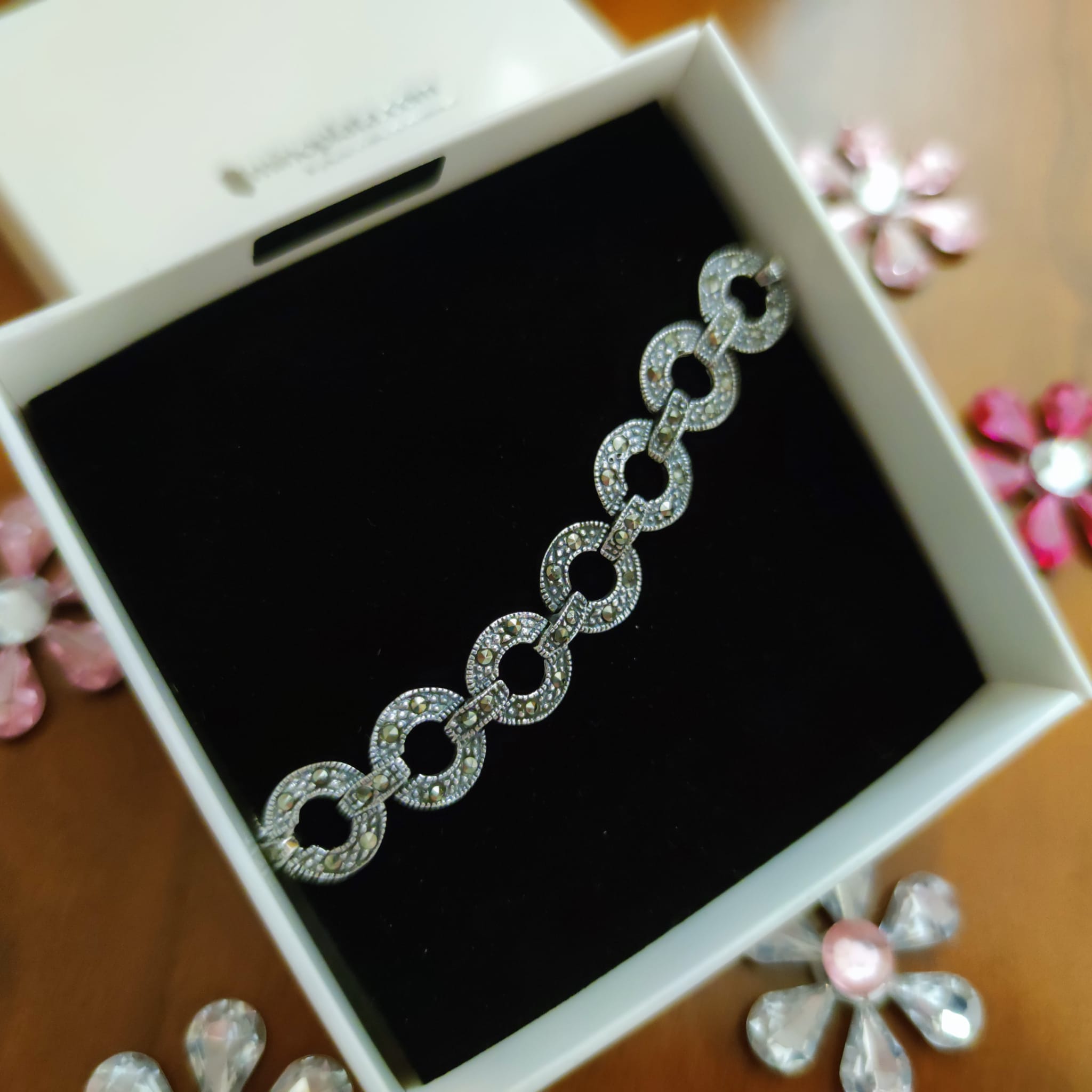 Pulsera círculos de Plata de ley envejecida con Marcasitas 3