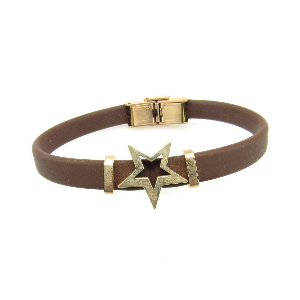 Pulsera caucho marrón y Acero cobre estrella 1