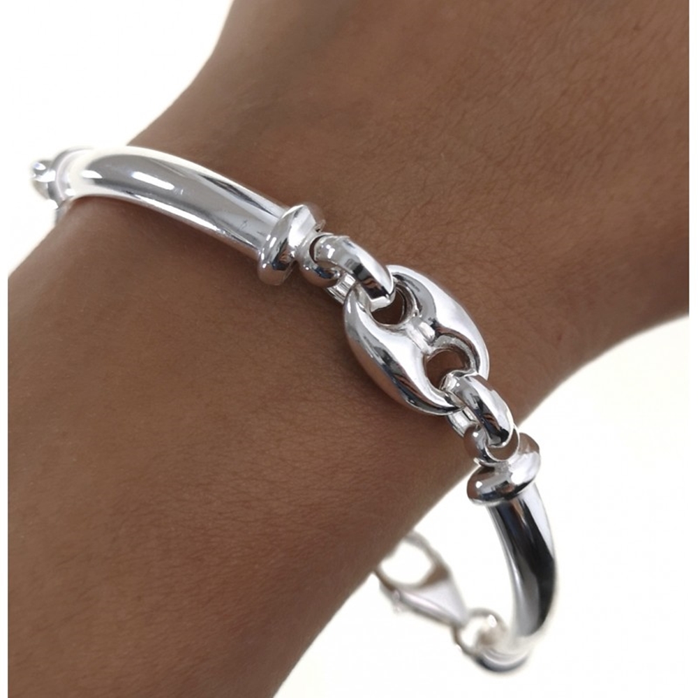 Pulsera media caña y eslabón calabrote de Plata de ley 2