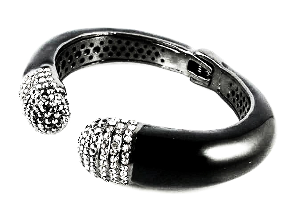 Brazalete negro metal con rutenio y cristales hematite y blancos