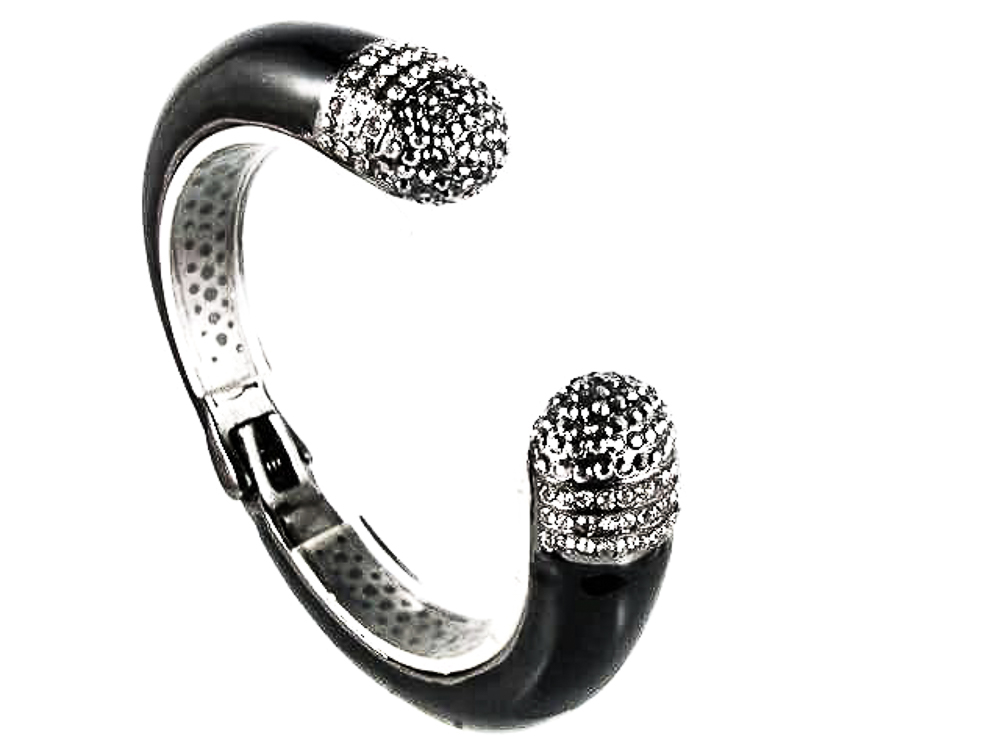 Brazalete negro metal con rutenio y cristales hematite y blancos 1