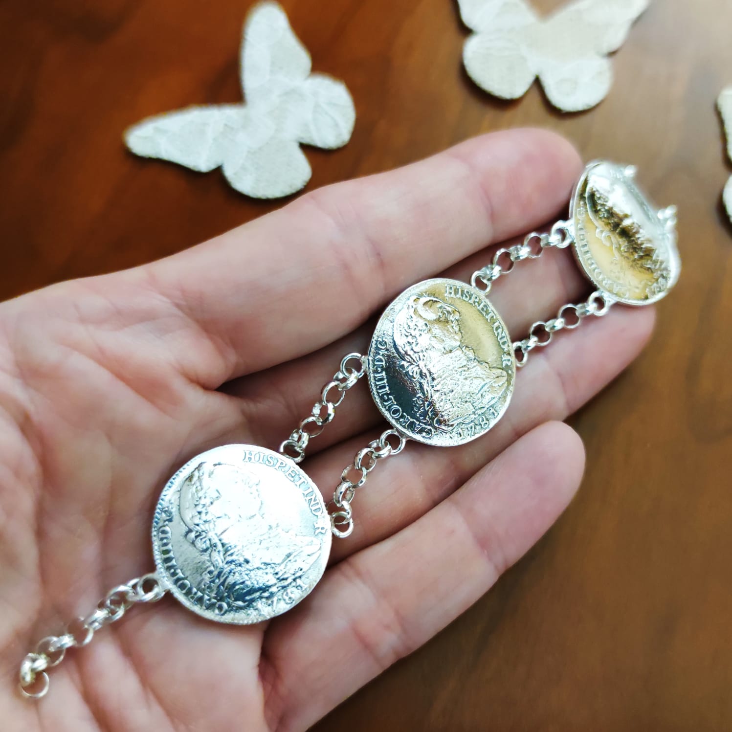 Pulsera monedas grandes de Plata de ley 4