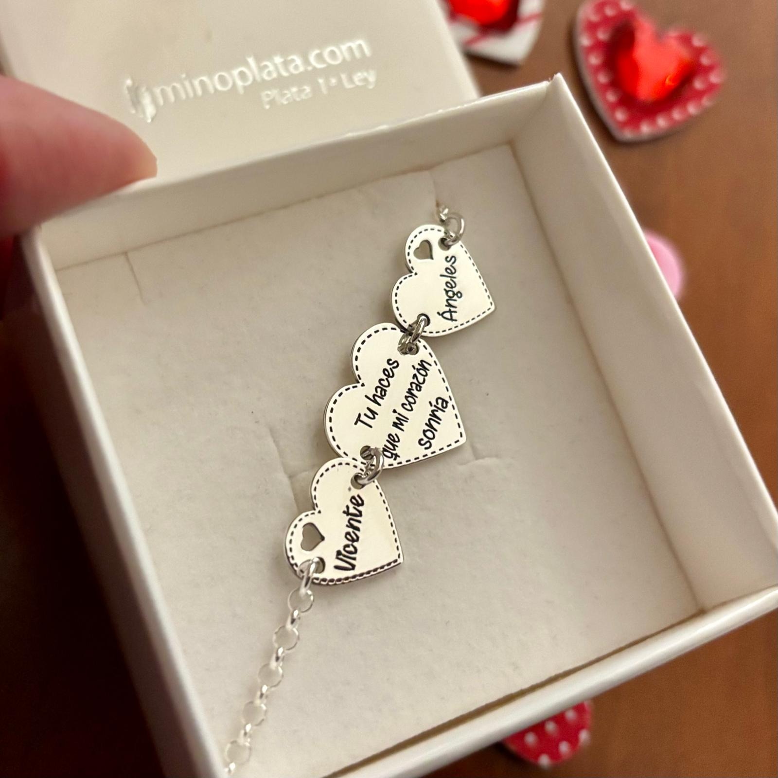 Pulsera corazones mensaje y nombres personalizados de Plata 3