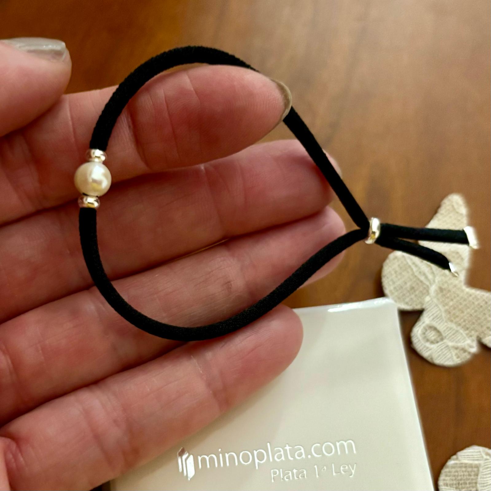 Pulsera elástica negra con Perla cultivada y Plata de ley 925 1